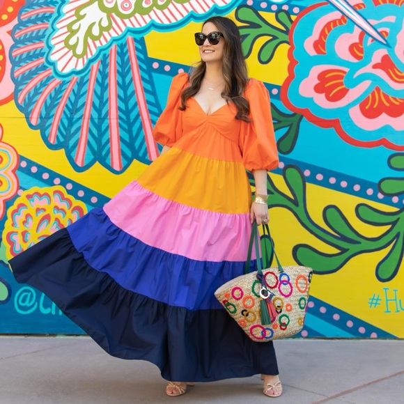 FARM Rio Dresses & Skirts - FARM Rio Multicolor Tiered Puff-Sleeve Maxi Dress — Orange, Yellow, Pink & Blue